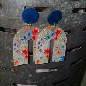 Floral Arch Earrings with Blue Accents